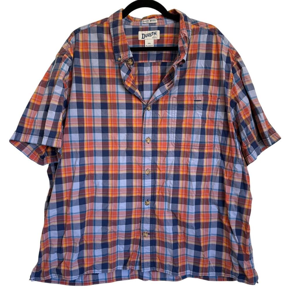 Duluth Trading Co. Button-Down Short Sleeve Relaxed Fit Shirt in Blue Plaid